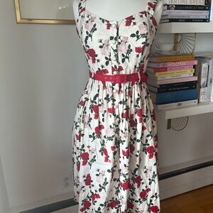 Collectif Red and White Floral Roses Midi Dress